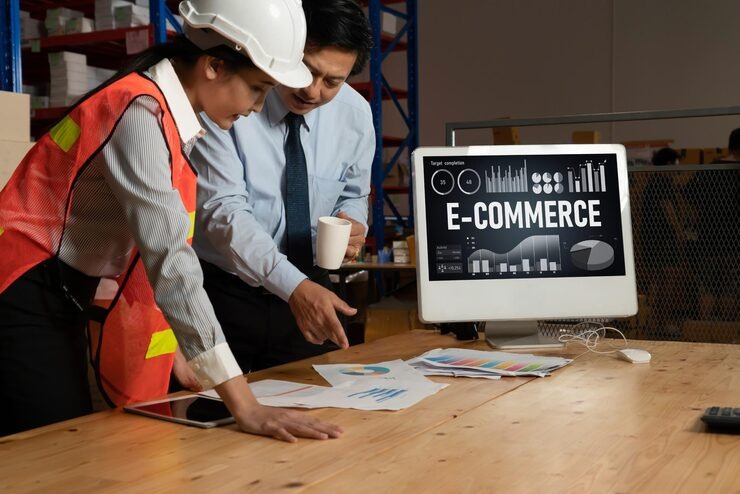 &ldquo;Logistics workers analyzing e-commerce dashboard and sales performance in warehouse&rdquo;