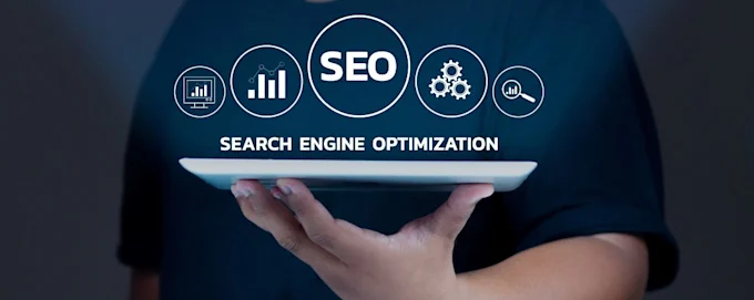 Person holding a tablet with a digital "SEO &ndash; Search Engine Optimization" graphic overlay featuring icons for analytics, growth, settings, and search.
