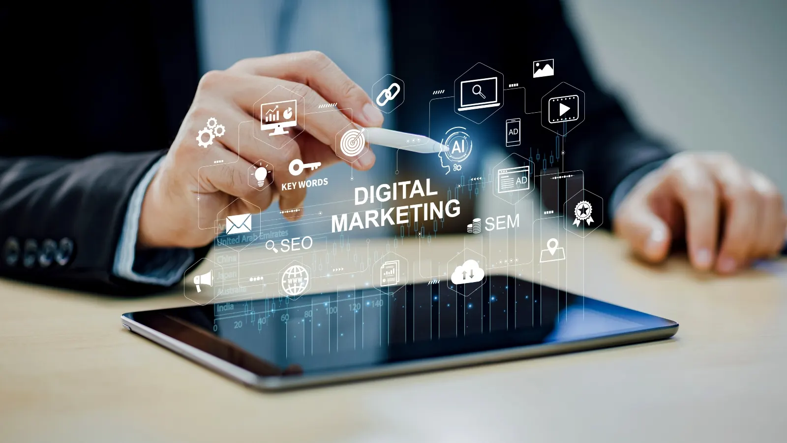 Businessman using a stylus on a tablet with a holographic "Digital Marketing" interface displaying SEO, SEM, AI, keywords, and advertising icons.