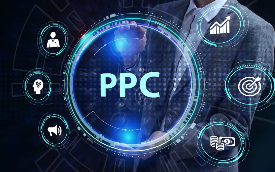 Businessman touching a glowing digital "PPC" interface surrounded by icons representing growth, targeting, strategy, promotion, and revenue.