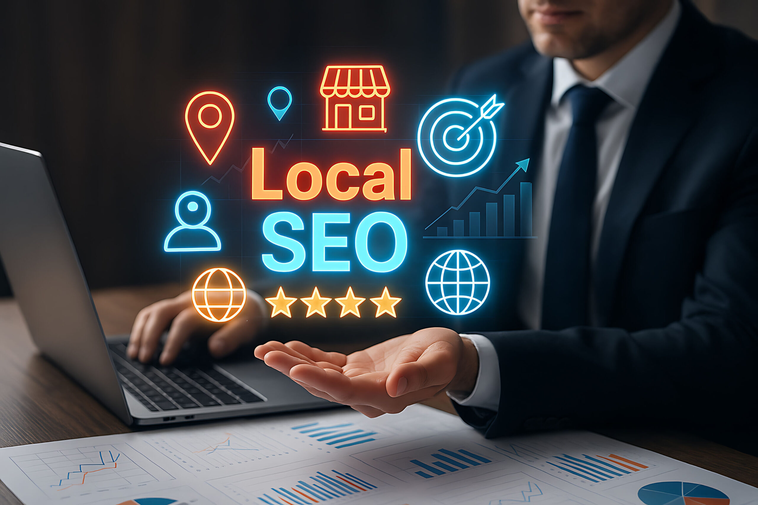 Businessman working on a laptop with a glowing "Local SEO" graphic overlay featuring location pins, star ratings, target, and growth chart icons.