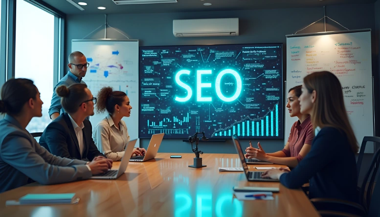 Team meeting in a conference room discussing SEO strategy, with a large screen displaying "SEO" data visualizations and whiteboards in the background.