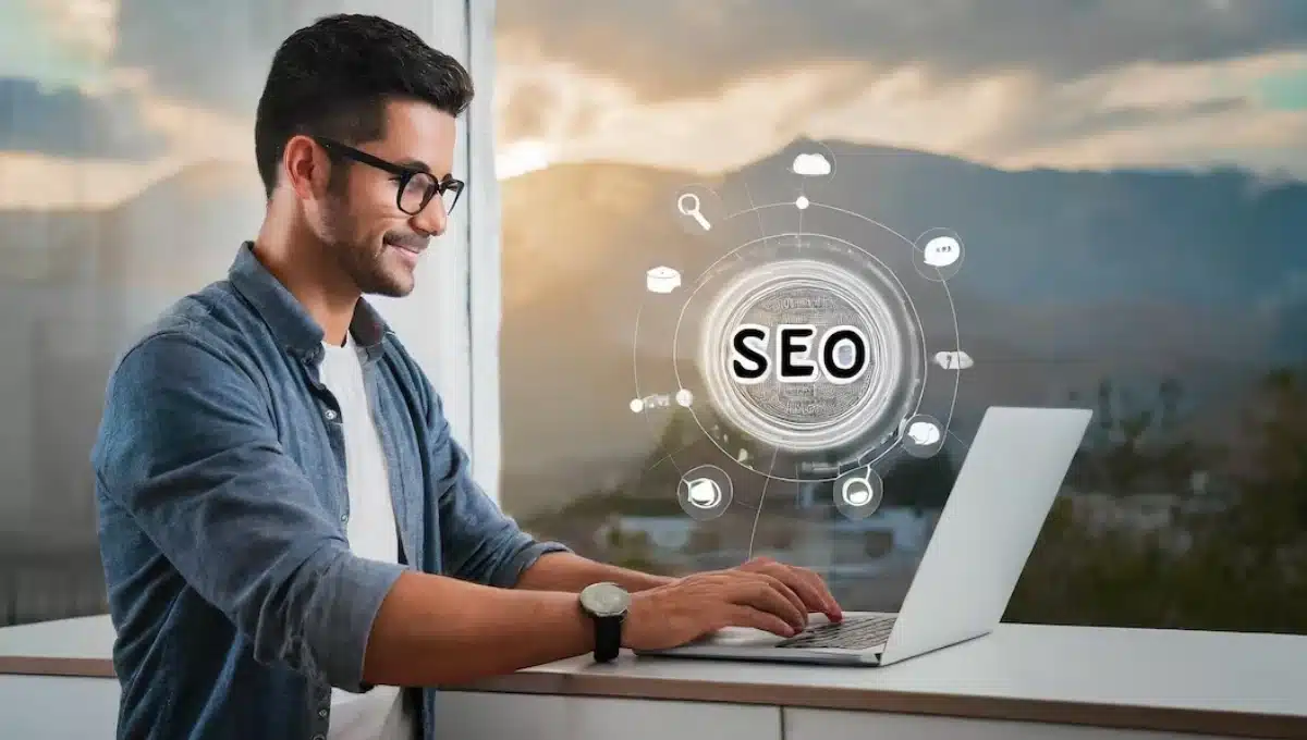 Man smiling while working on a laptop by a window, with a digital "SEO" graphic overlay featuring icons for search, social media, and analytics.