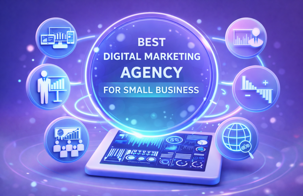 Digital marketing agency infographic for small businesses, showing analytics icons, presentation graphics, and growth charts surrounding a glowing central text bubble above a tablet dashboard.