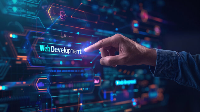 Hand pointing at a glowing digital "Web Development" icon surrounded by futuristic tech interface graphics and network connections.
