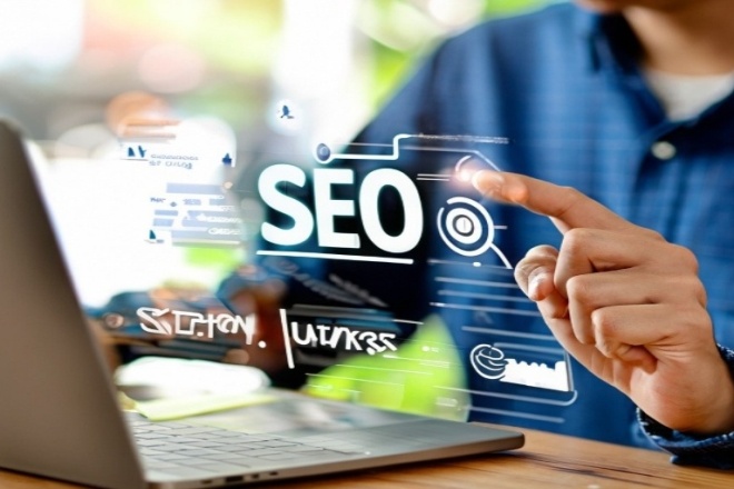 Person interacting with a digital SEO interface displayed above a laptop
